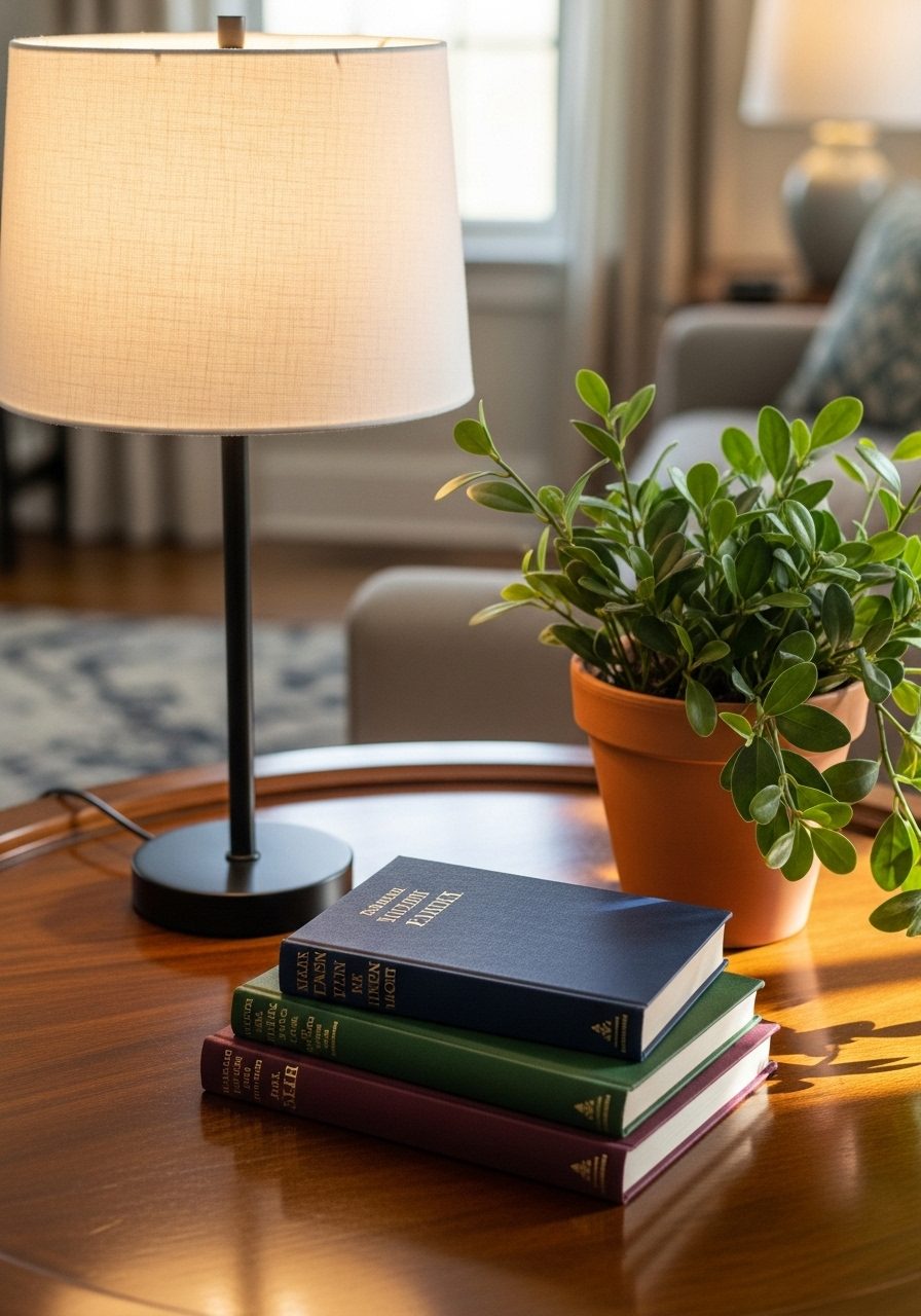 Side table arranged using the rule of three with lamp, books, and plant of varying heights and textures