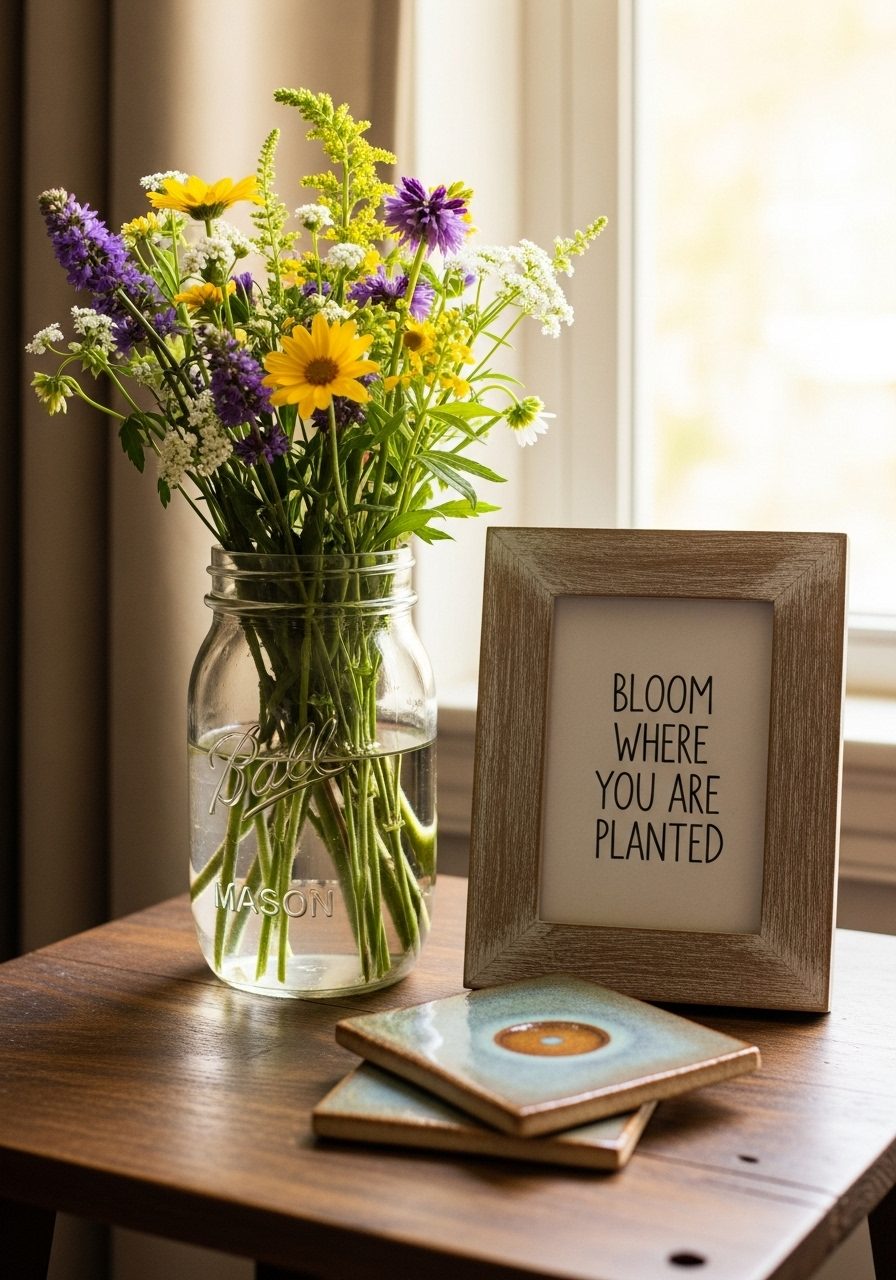 Side table styled with budget-friendly DIY decor including mason jar vase, framed quote, and handmade coasters
