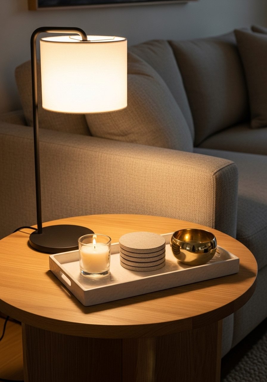 Side table with decorative tray holding candle, coasters, and bowl for organized and functional styling