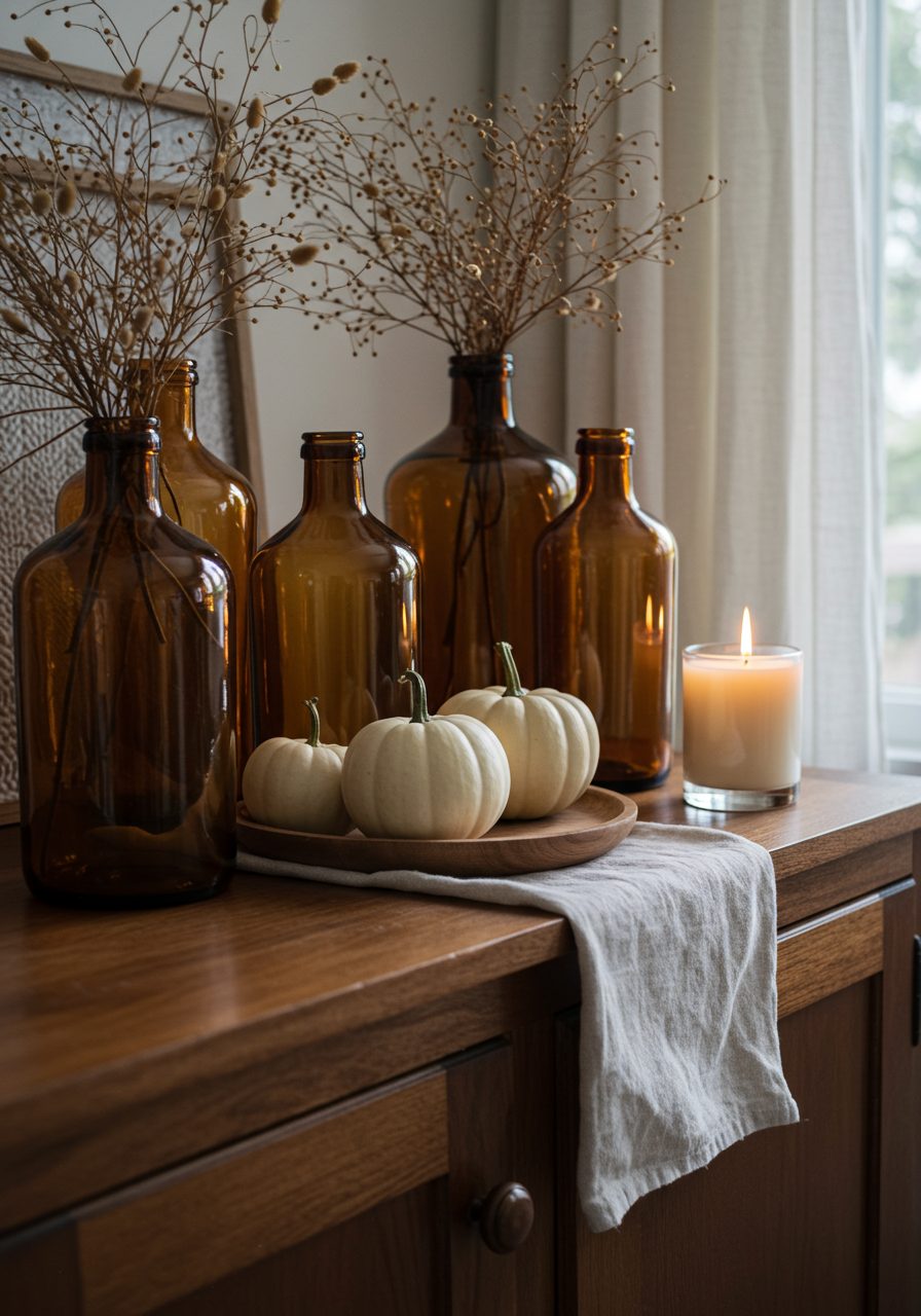 Sideboard decorated for fall with pumpkins, amber jars, and linen runner
