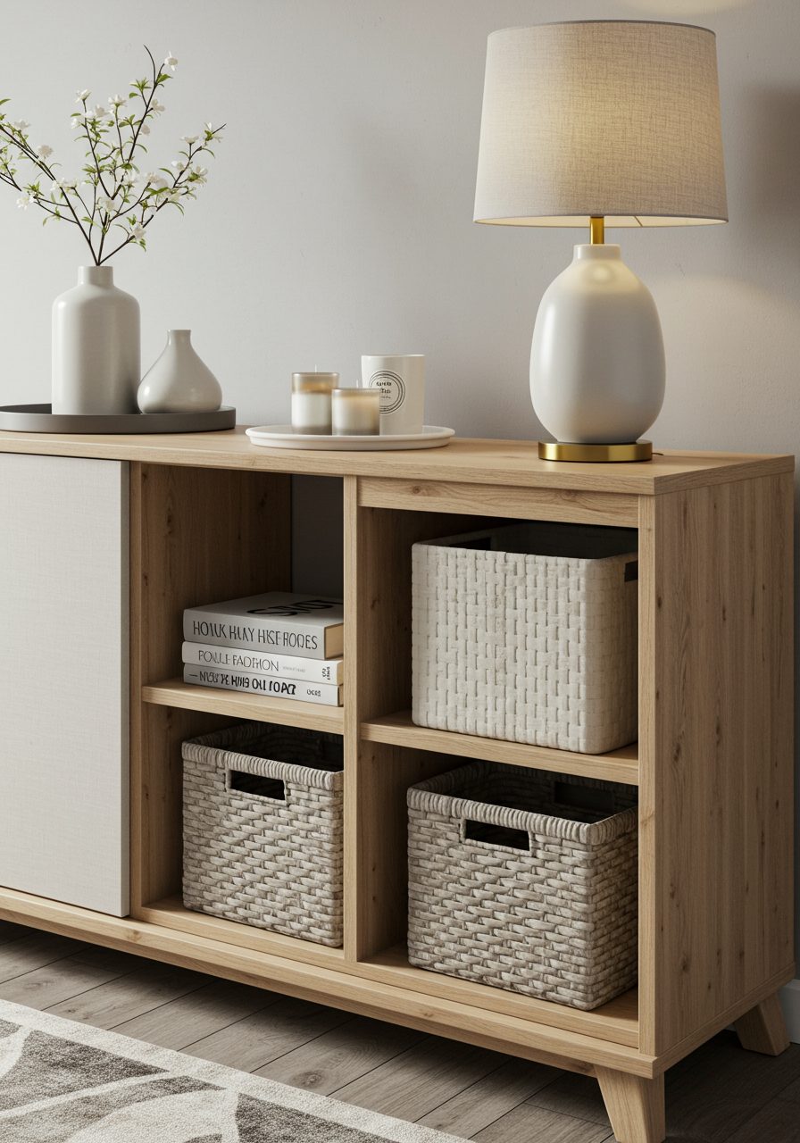 Sideboard with baskets and closed cabinets styled with decor in modern space