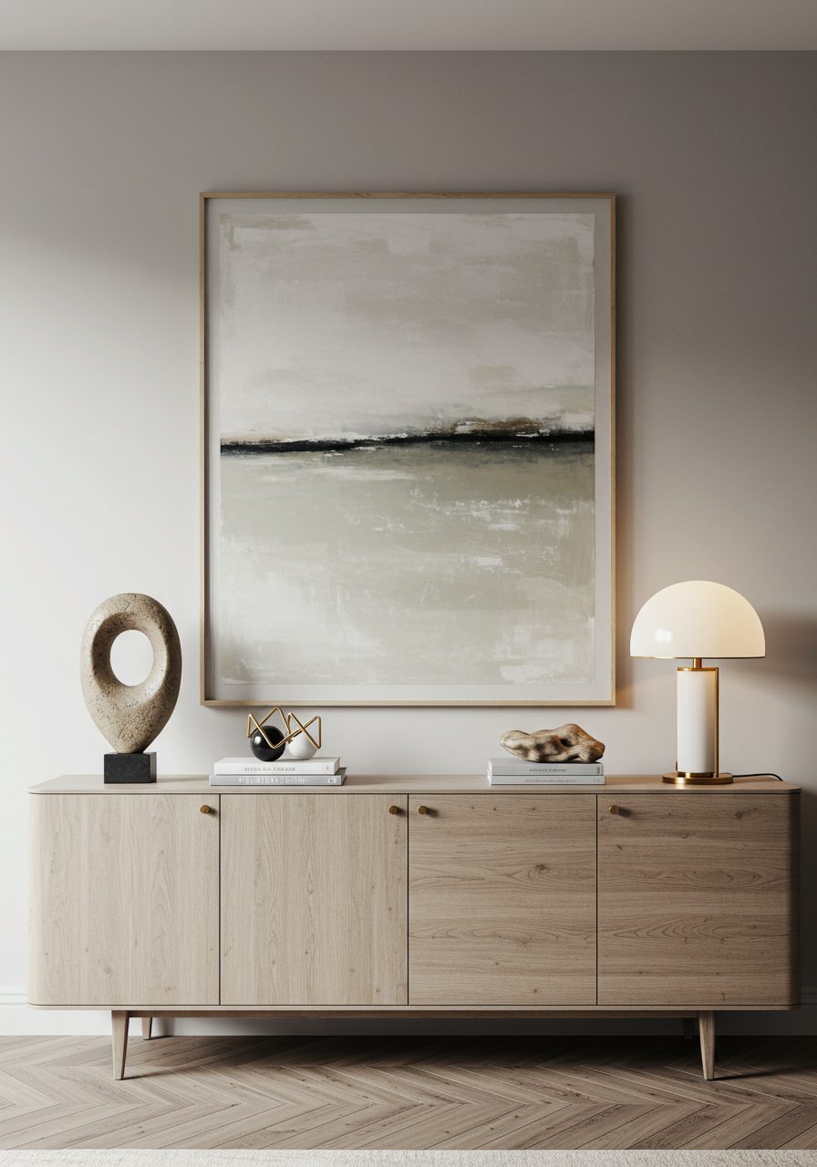 Sideboard with large artwork and balanced decor on each side