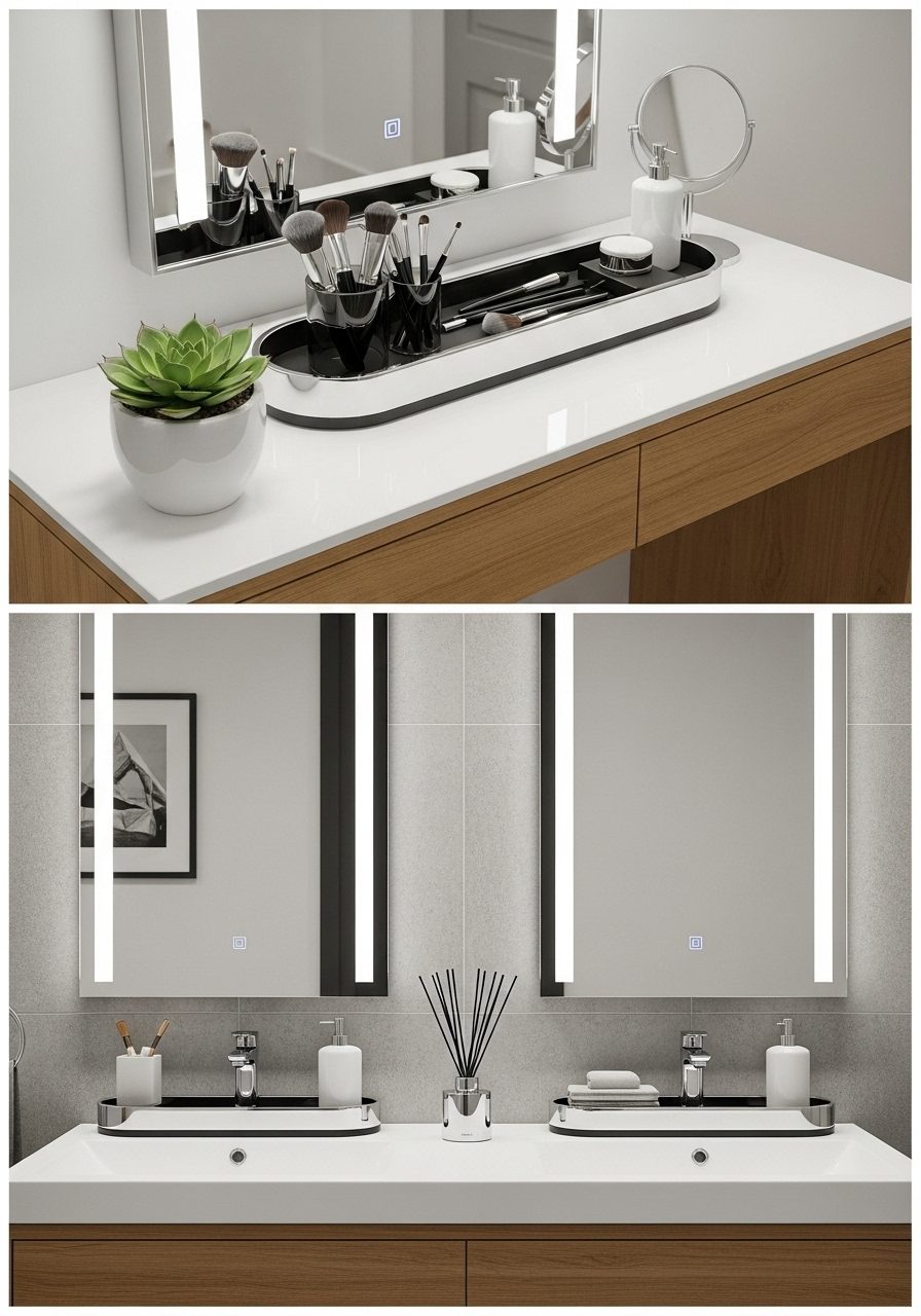 Single and double bathroom vanities styled with coordinated decor