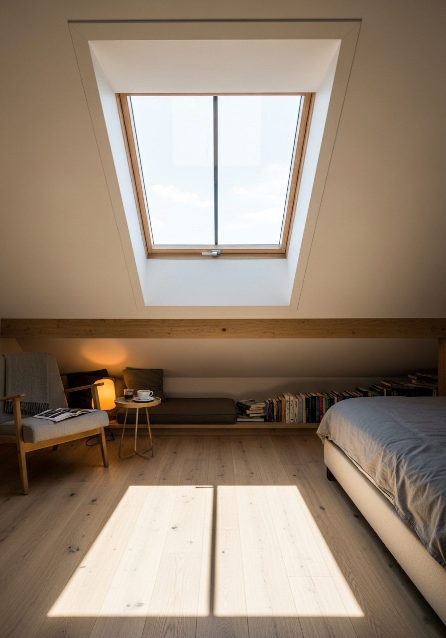 Skylight in a slanted wall bedroom allowing natural daylight to brighten the space
