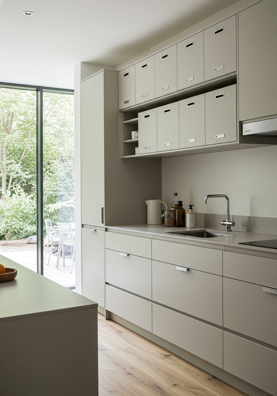 Sleek storage boxes used as decor above kitchen cabinets in a modern layout