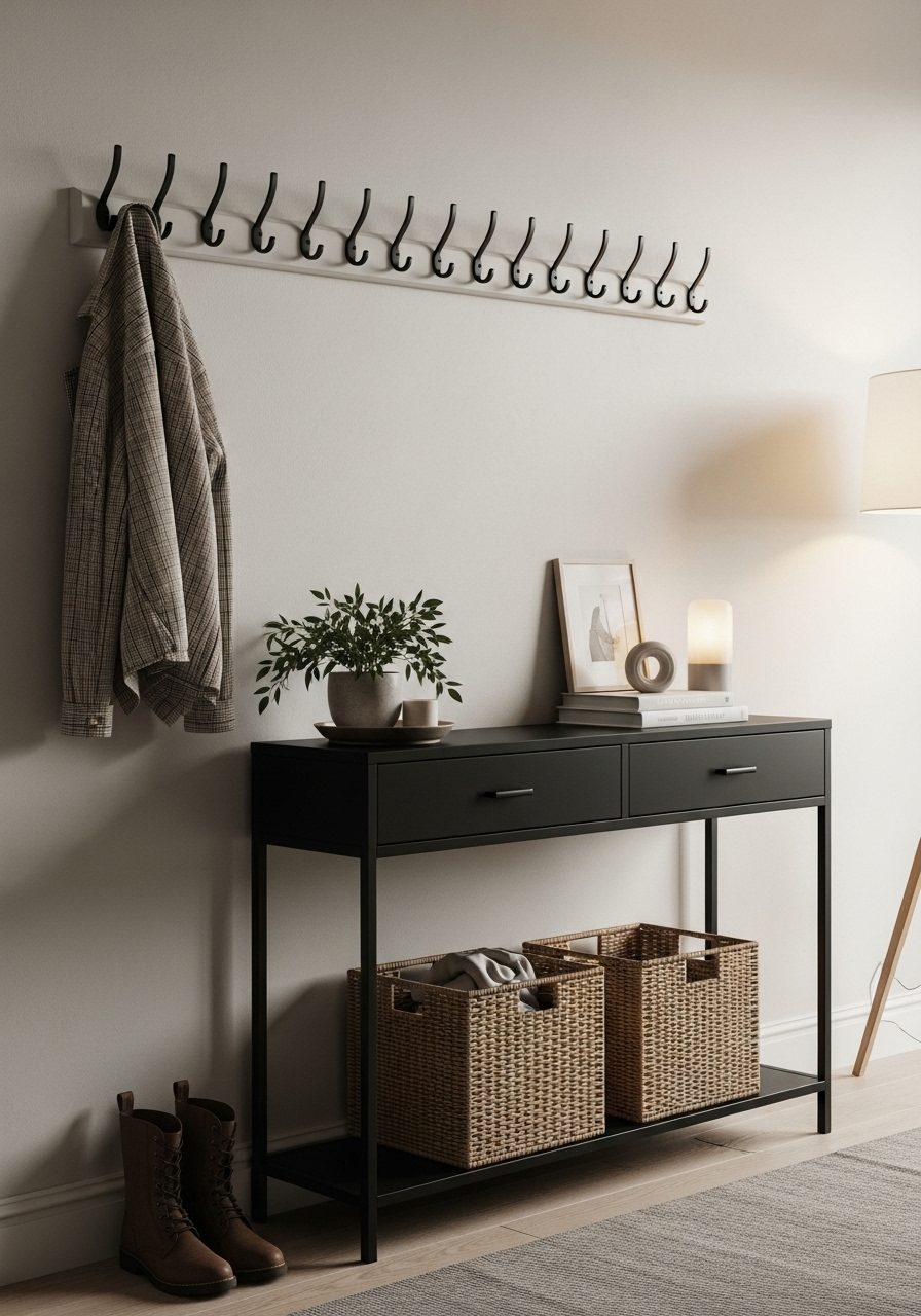 Slim entryway console with functional storage and wall hooks for organizing