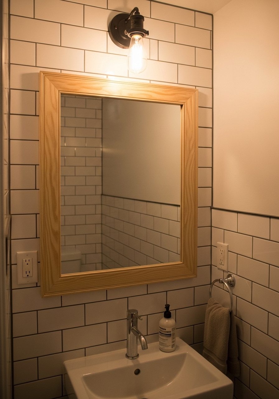 Small bathroom mirror framed with wood in cozy apartment setting