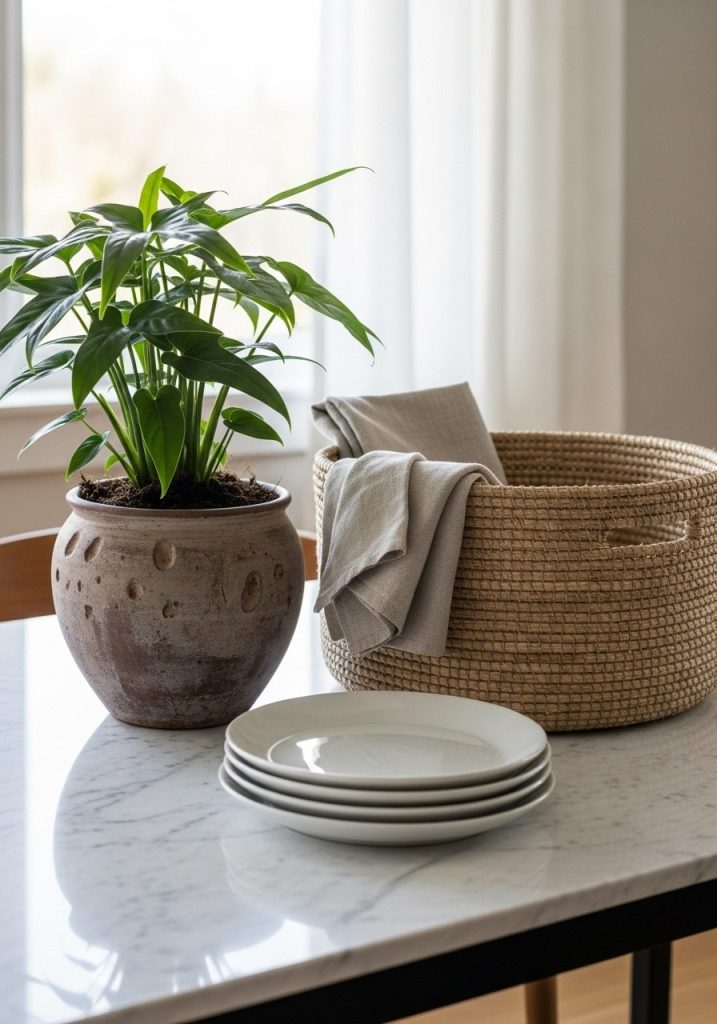 Small entry table with plant and woven basket for warmth