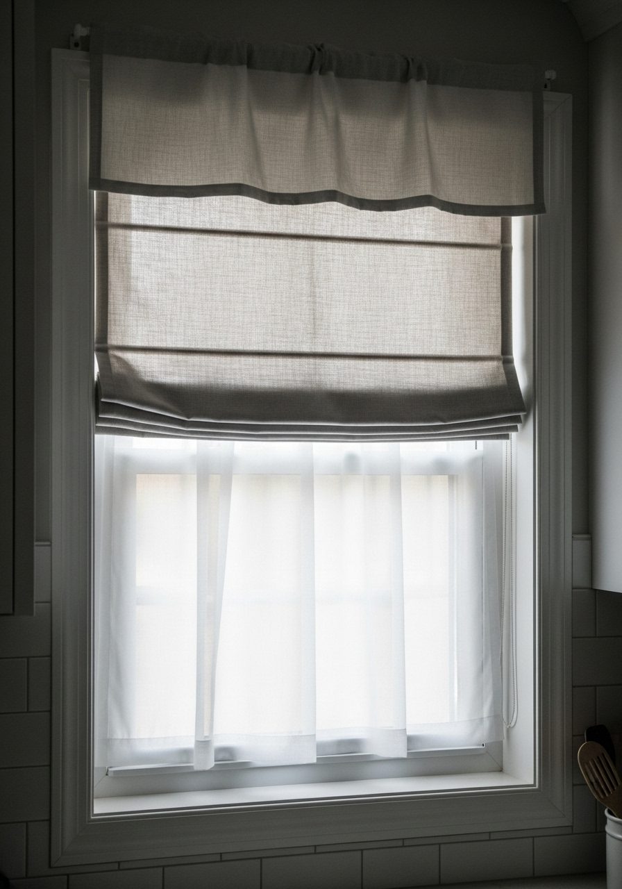 Small kitchen window with Roman and sheer layered shades, topped with a fabric valance