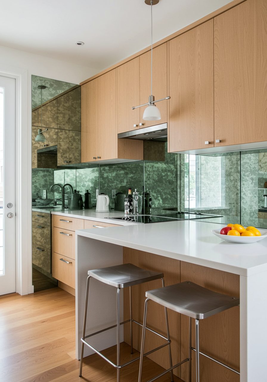 Small kitchen with modern reflective decor above cabinets to enhance space