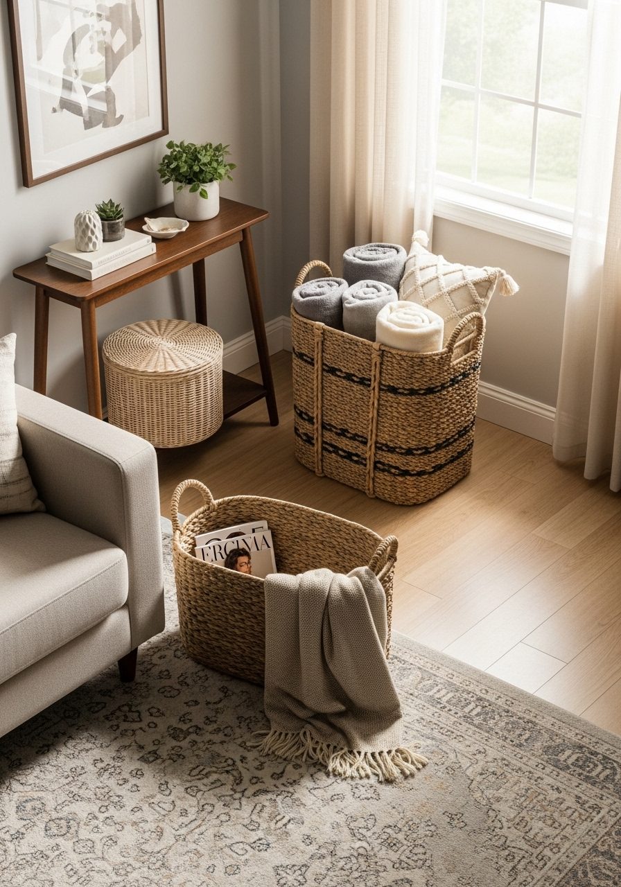 Small, medium, and large decorative baskets placed in different spots of a living room