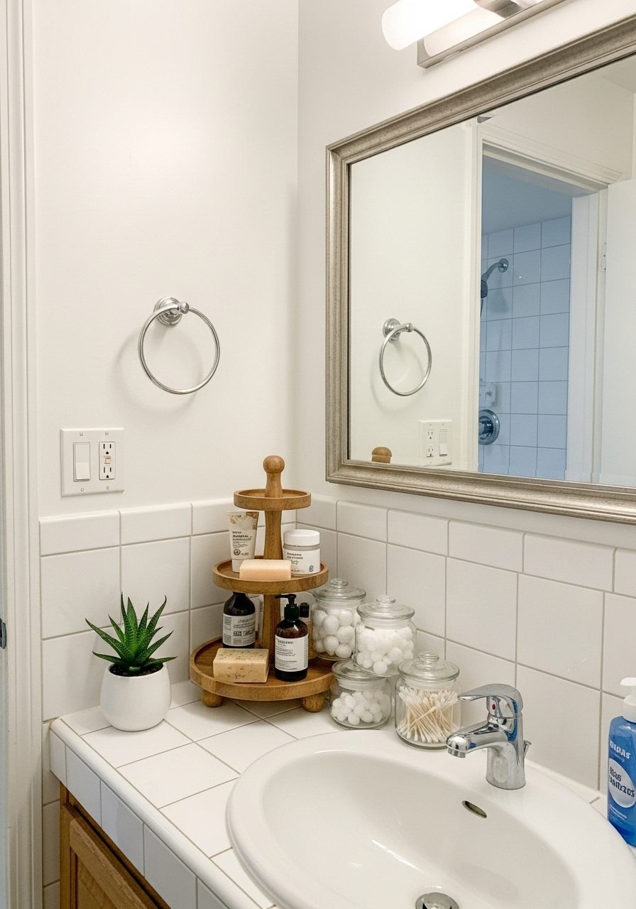 Small space bathroom countertop using vertical storage solutions