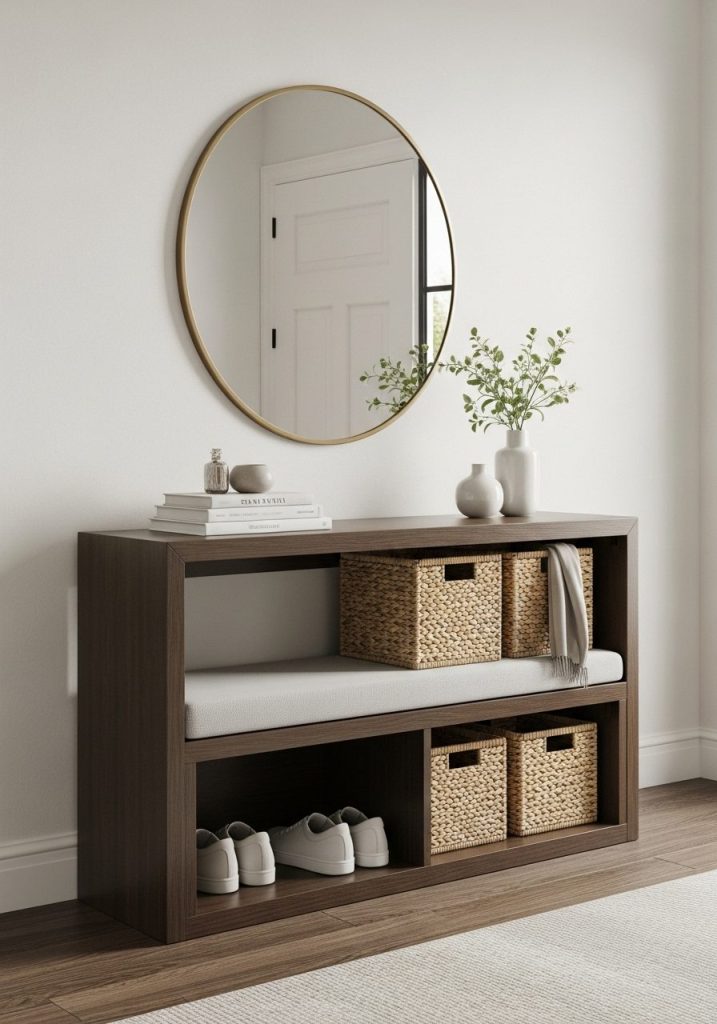 Small space entry with bench and baskets under console table