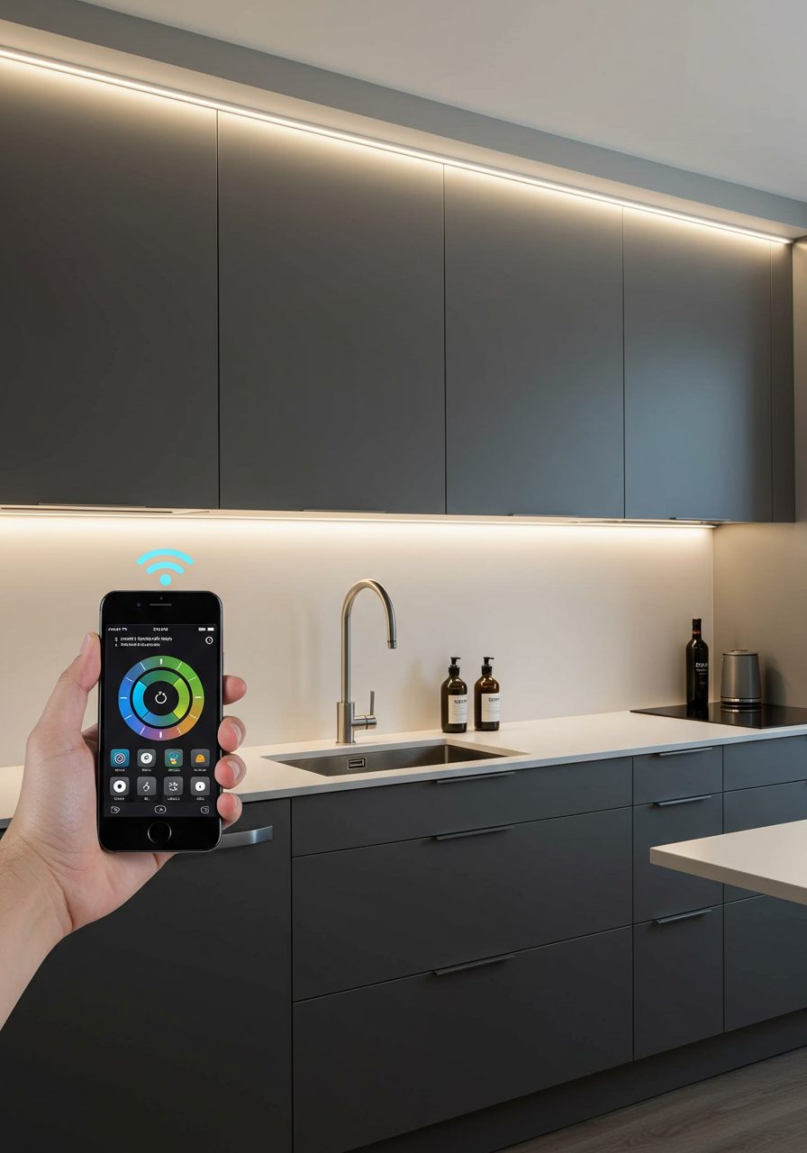 Smart LED lights illuminate above kitchen cabinets in a sleek modern kitchen