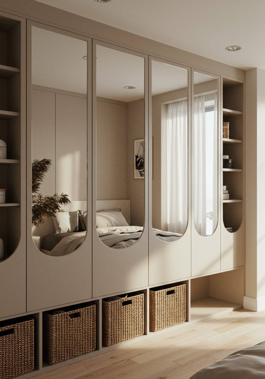 Smart built-in curved storage with mirror fronts and hidden organization