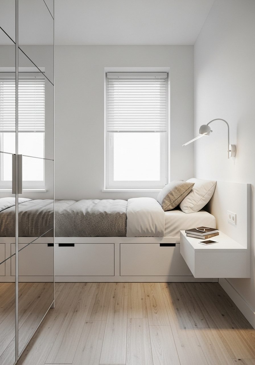 Smart storage and design tricks used in a small white bedroom layout