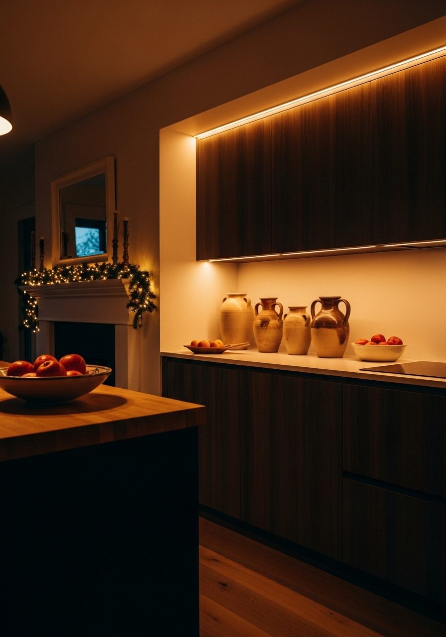 Soft LED lighting glowing from the top of kitchen cabinets for stylish ambiance