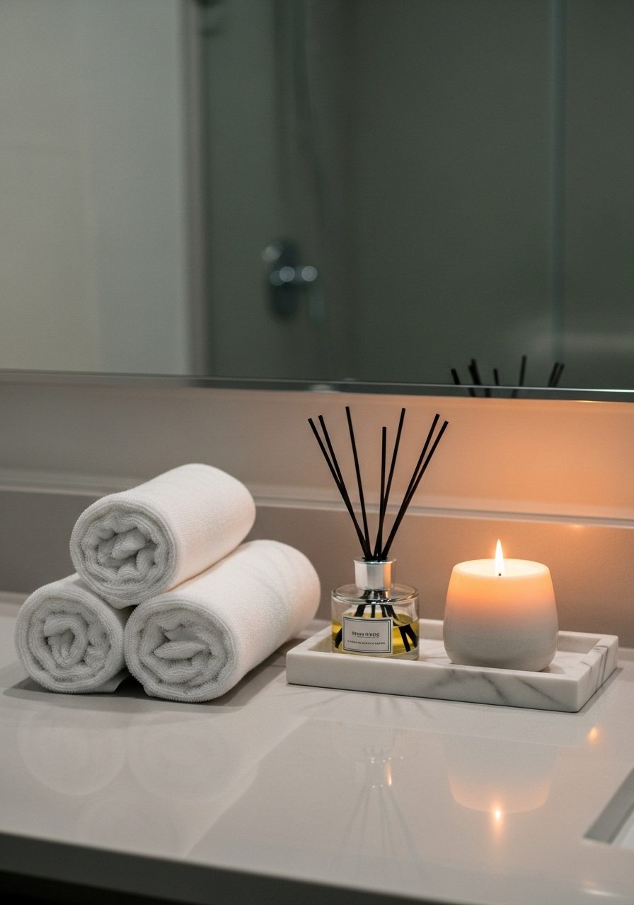 Spa-inspired bathroom counter decor with candles, reed diffuser, and rolled towels on a marble tray