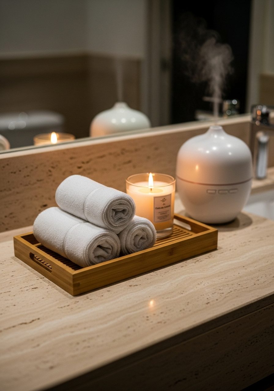 Spa-style bathroom counter with towels, bamboo tray, and diffuser