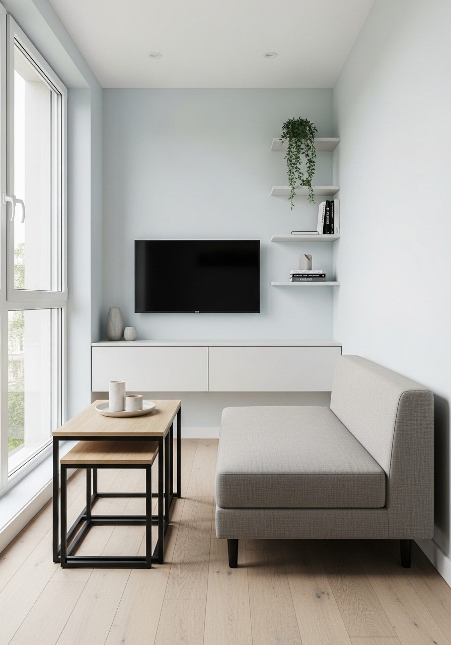 Space-saving furniture in a small rectangular living room