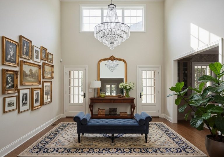 Spacious large entryway with chandelier, mirror, console table, bench, rug, and natural light