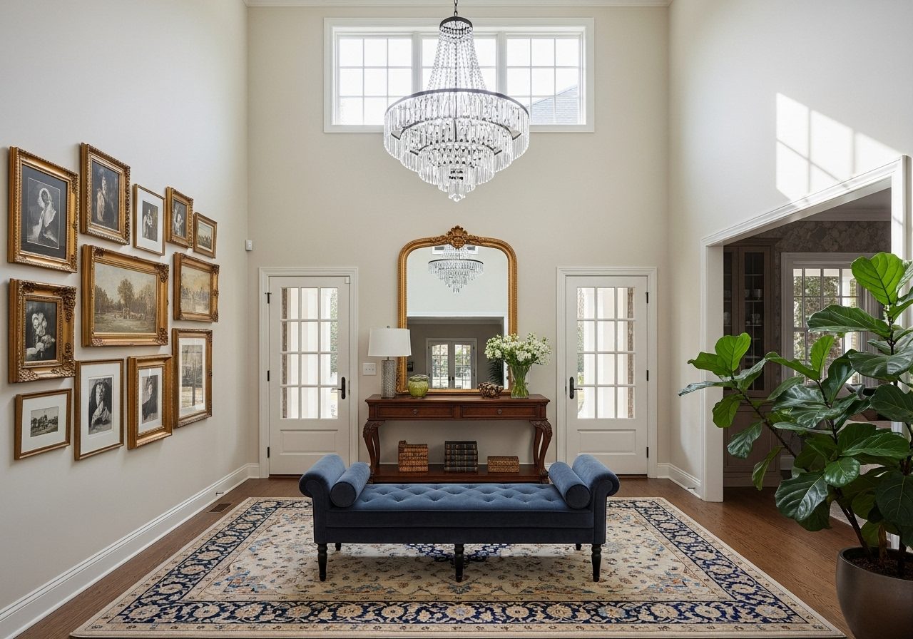 Spacious large entryway with chandelier, mirror, console table, bench, rug, and natural light