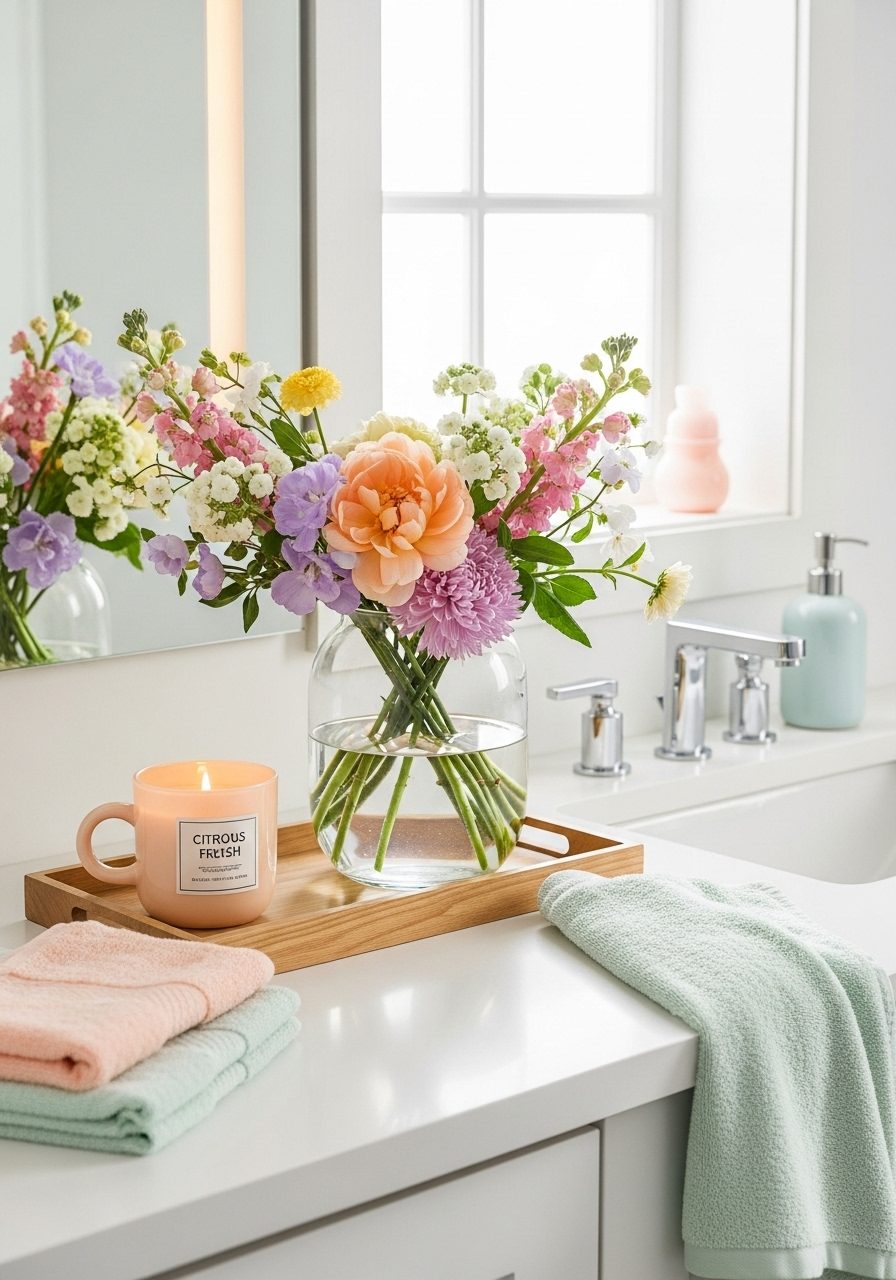 Spring-themed bathroom countertop with fresh and airy decor