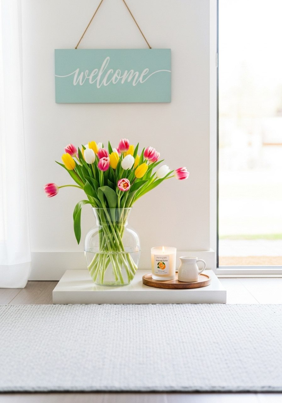 Spring-themed entryway with tulips, candle, and pastel accents