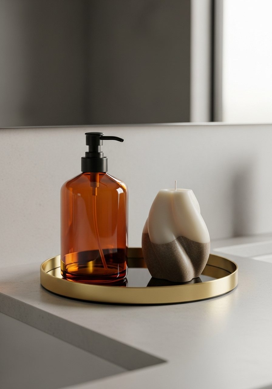 Statement bathroom countertop with amber dispenser and sculptural decor