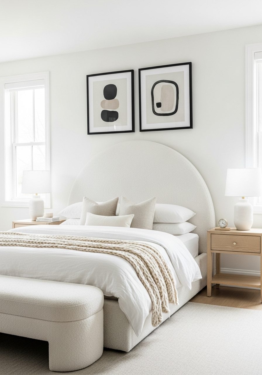 Statement furniture pieces and contrast elements in a white bedroom design