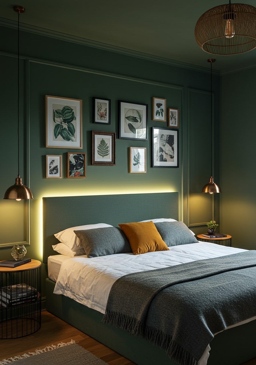 Statement wall draws focus in a windowless bedroom