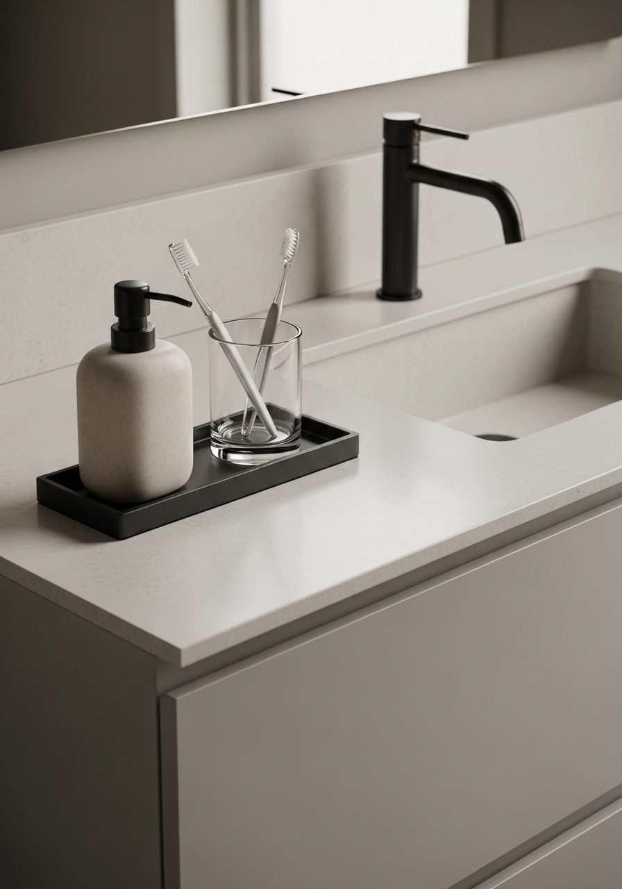Stone soap dispenser and glass toothbrush holder on modern bathroom vanity