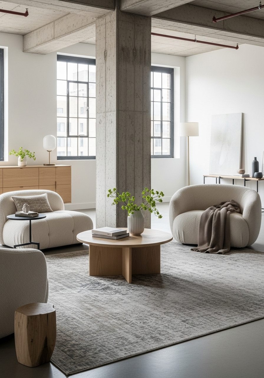 Structural pillar with raw concrete texture featured as design contrast in living room