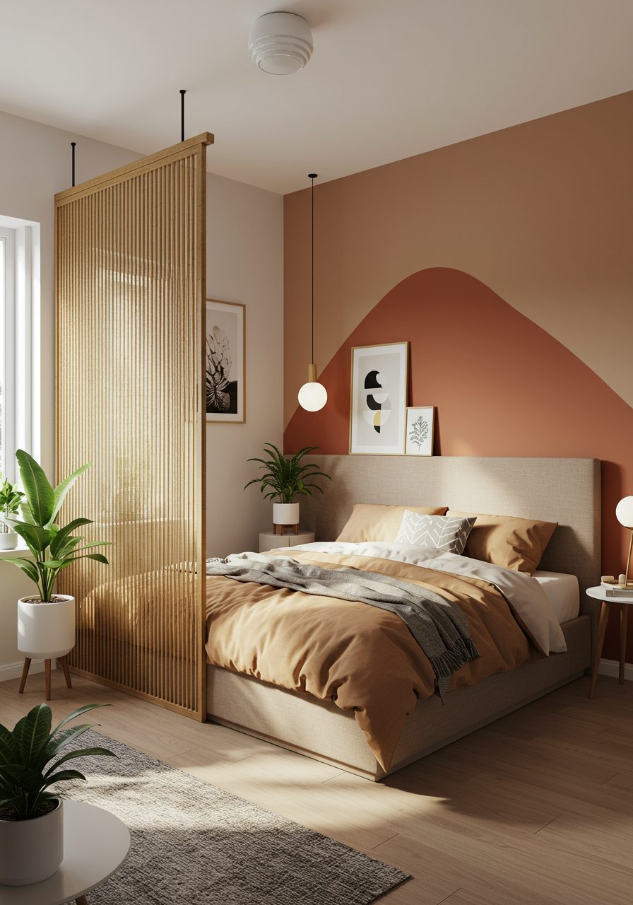 Studio apartment using layout and wall decor instead of traditional headboard