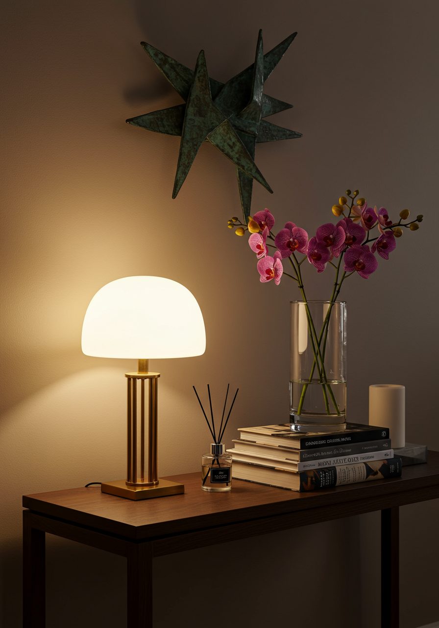 Styled entry console with personal décor and scent elements on curved wall