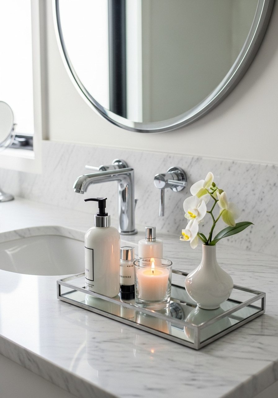 Stylish bathroom counter with mirrored tray, lotion, candle, and fresh flowers