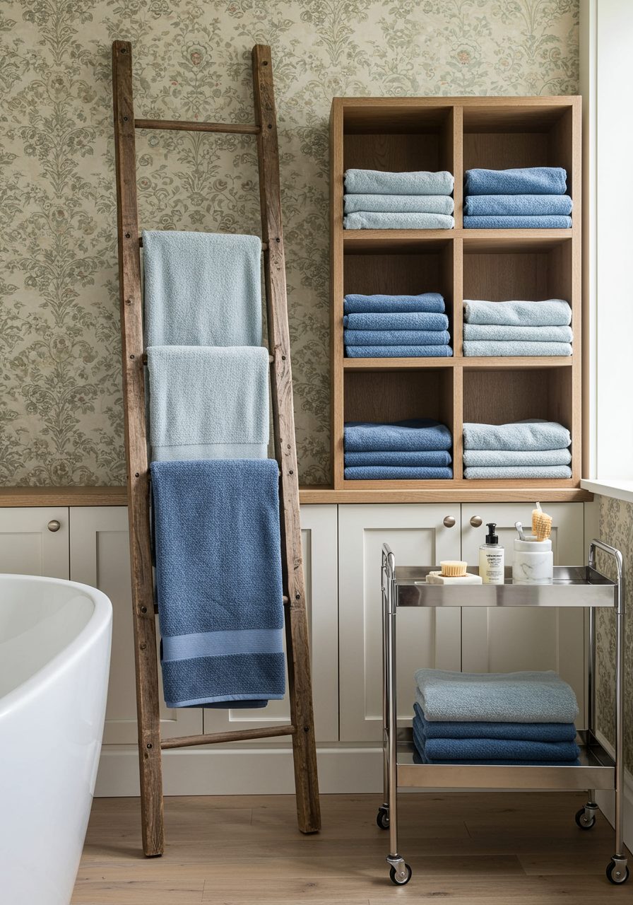 Stylish bathroom towel storage using ladder racks, cubbies, and a rolling towel cart