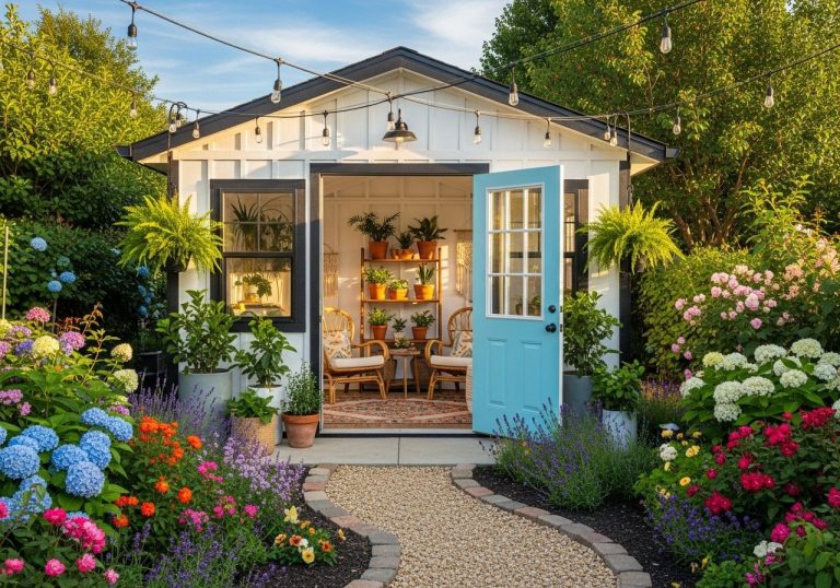 Stylish garden shed with farmhouse, boho, and coastal design elements in a cozy backyard
