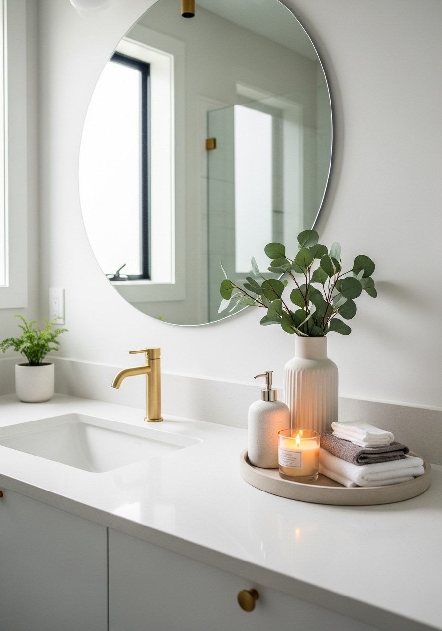 Stylish modern bathroom countertop decorated with a ceramic tray, soap dispenser, eucalyptus, and candle under a round mirror in natural light