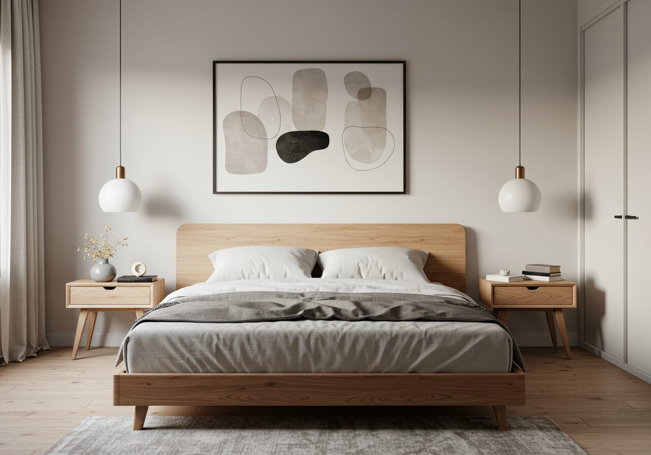 Stylish modern bedroom decorated without a headboard using artwork and minimalist furniture