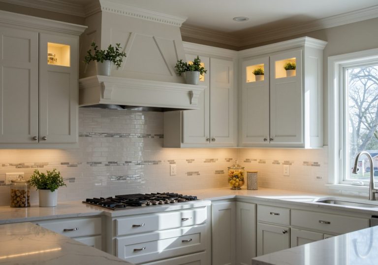 Stylish modern kitchen with decorated soffit featuring crown molding, soft LED lighting, and greenery for a finished designer look