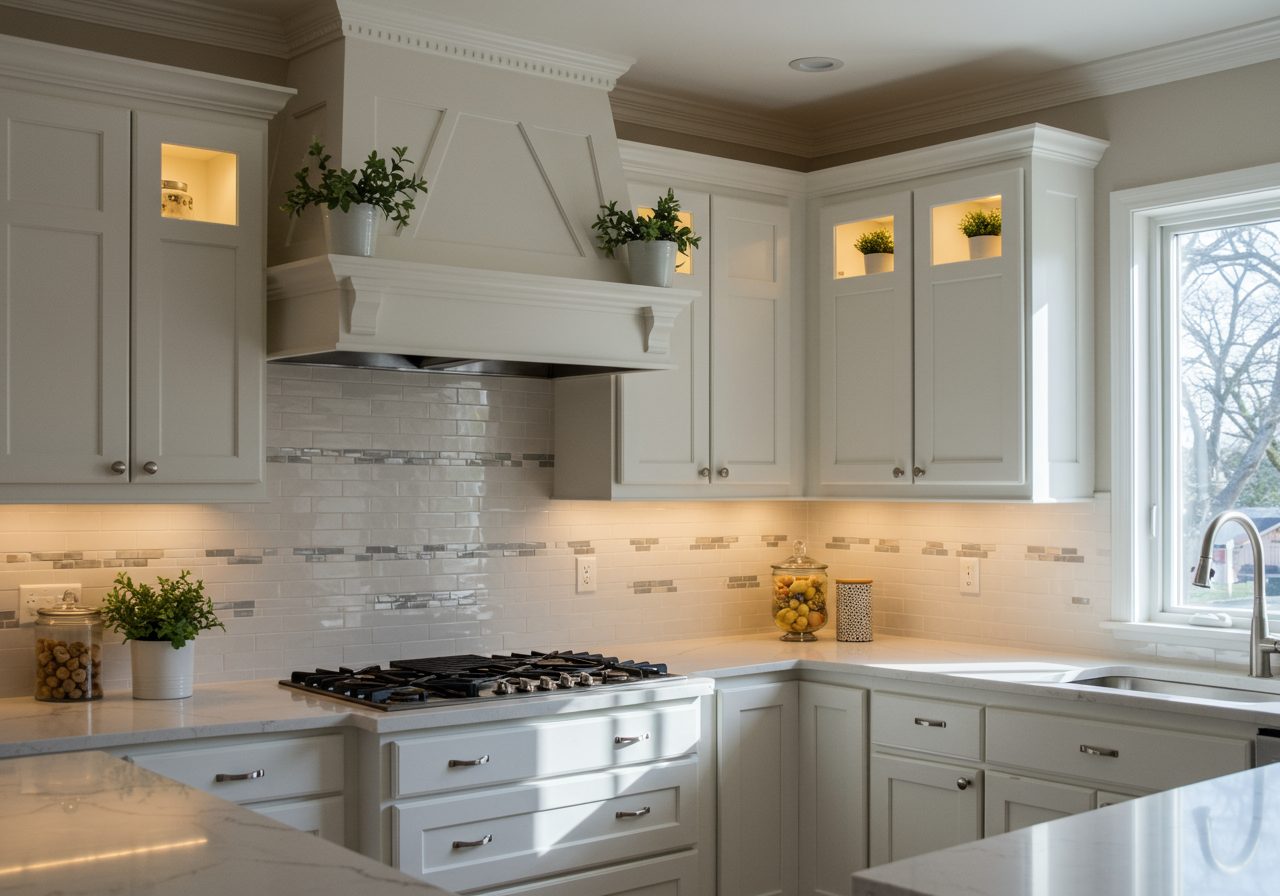 Stylish modern kitchen with decorated soffit featuring crown molding, soft LED lighting, and greenery for a finished designer look