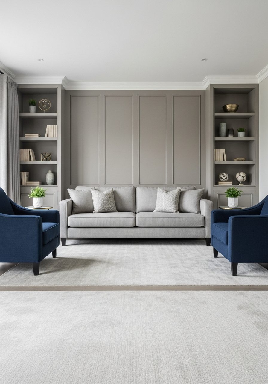 Symmetrical furniture layout in a wood-paneled living room with built-in shelving