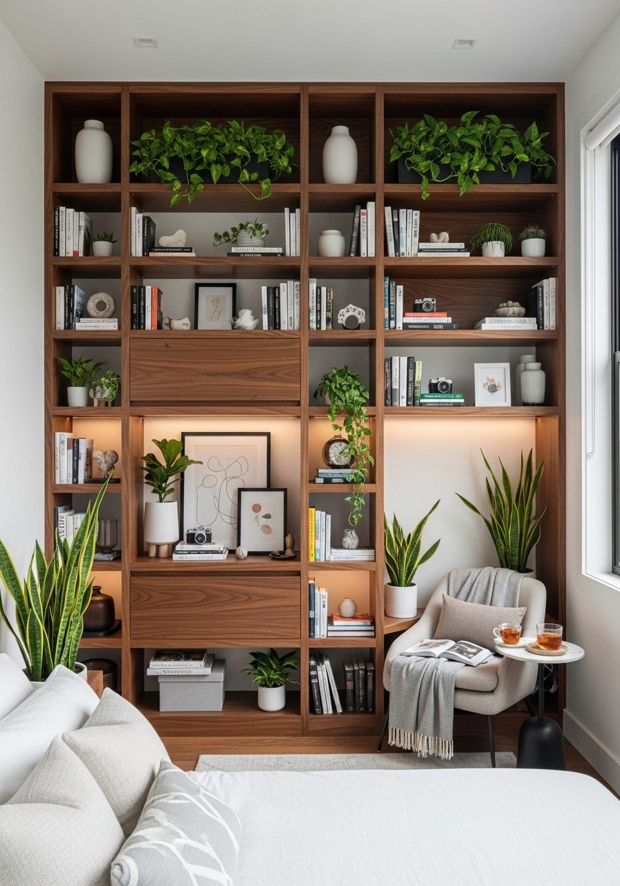 Tall shelving adds function and balance to a high ceiling bedroom design