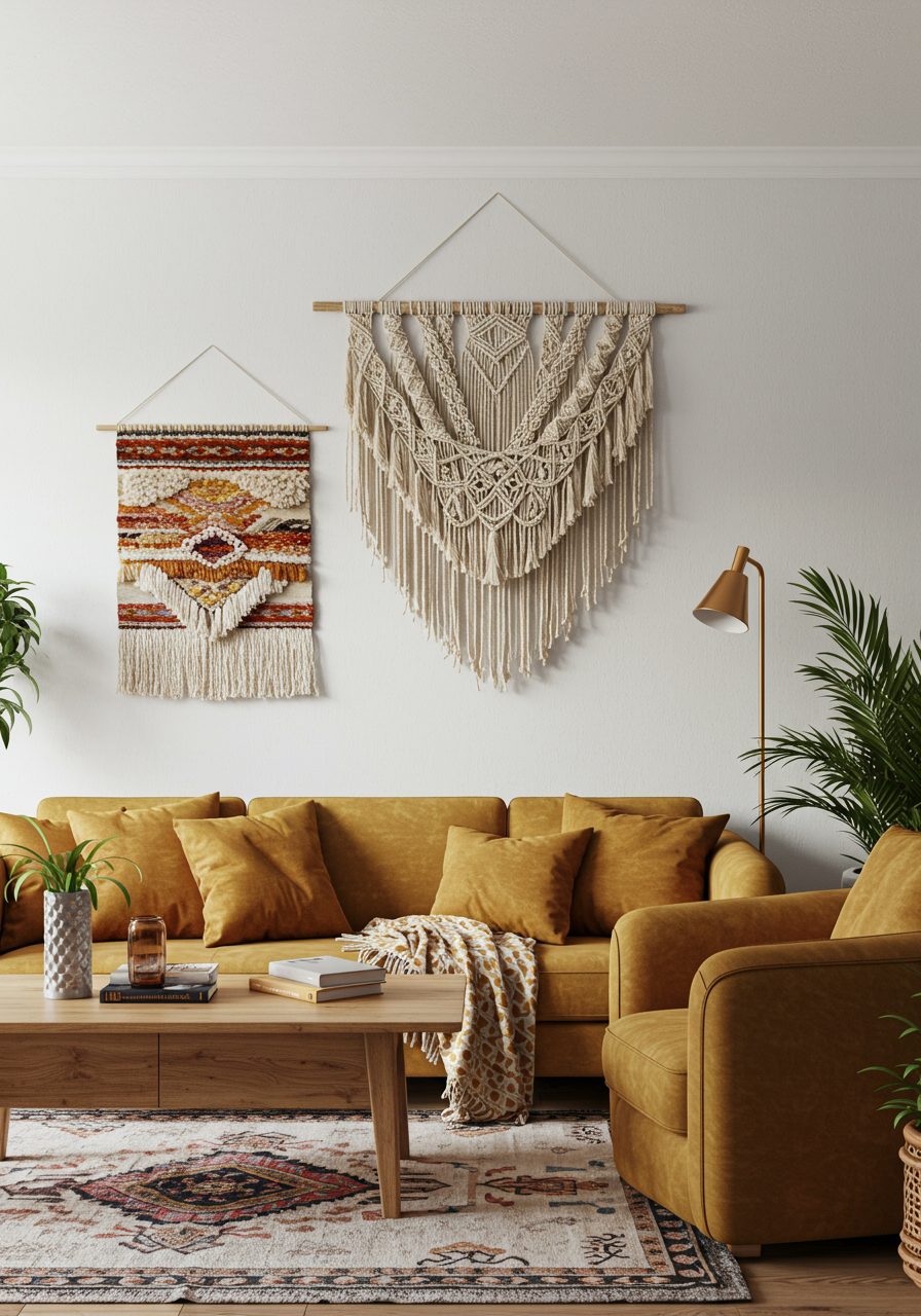 Textile wall hangings adding softness to a long white living room wall