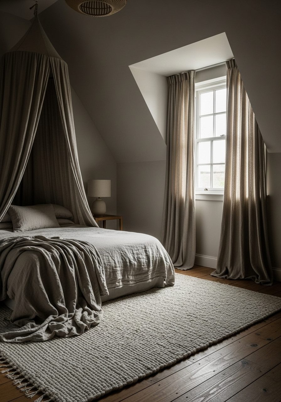 Textiles like canopy and curtains soften the angles of a slanted wall bedroom