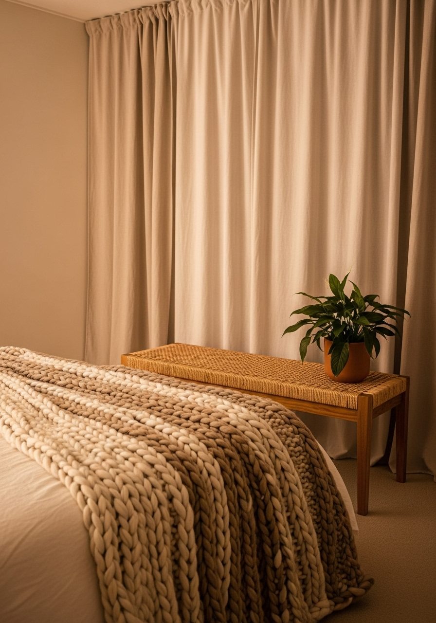 Textured bedding and natural materials cozy up a no-window bedroom