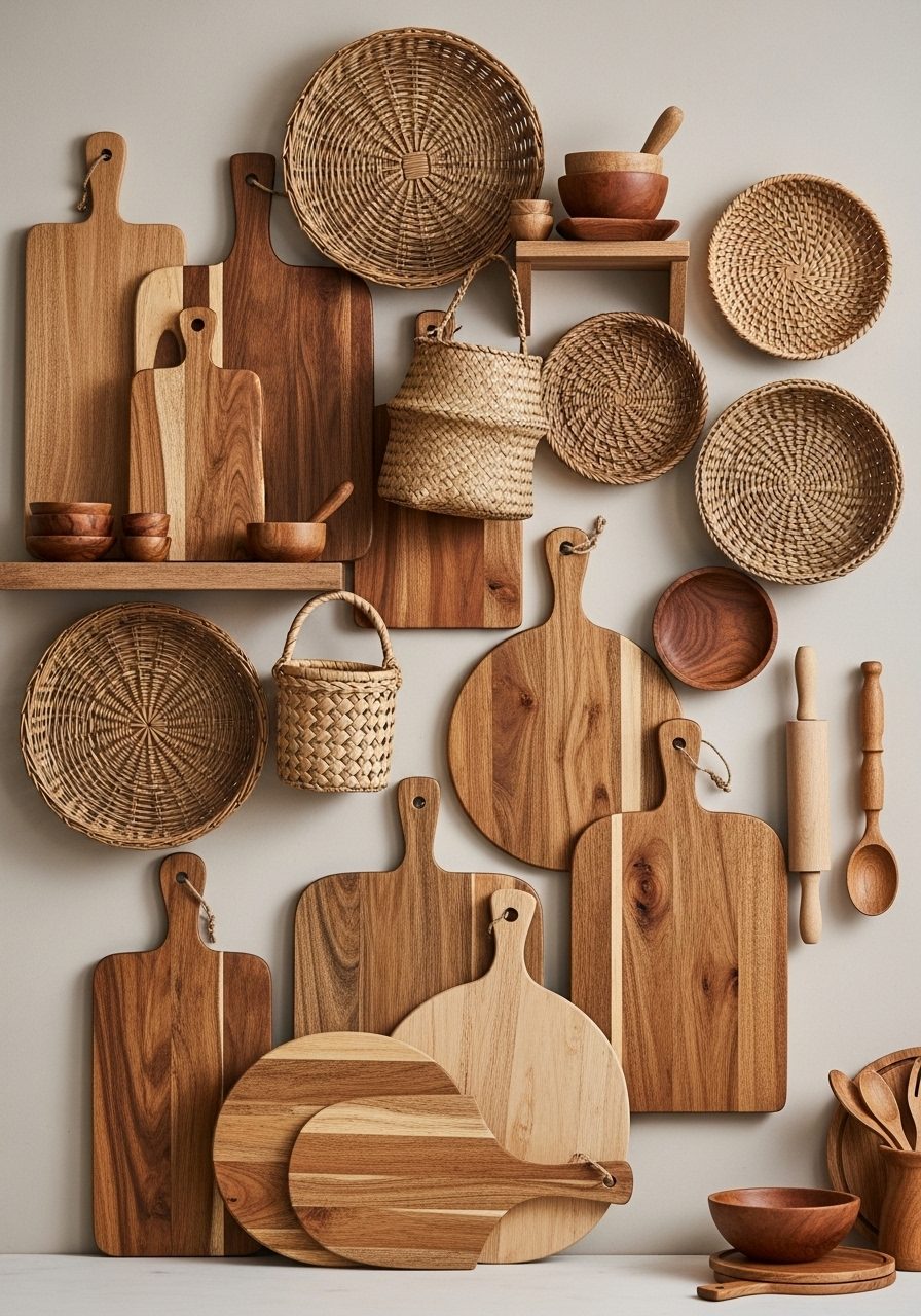 Textured kitchen wall with decorative cutting boards and woven basket decor