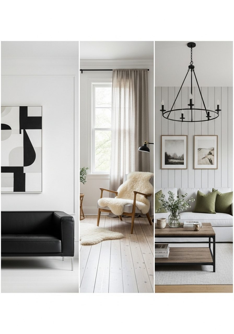 Three distinct rectangular living room styles minimalist, Scandinavian, and modern farmhouse, shown in side-by-side layout examples