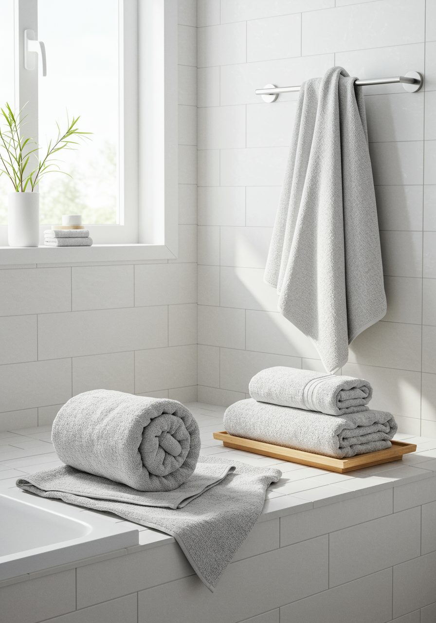 Three folded towel styles – spa roll, tri-fold, and fan fold – displayed creatively in a bright bathroom